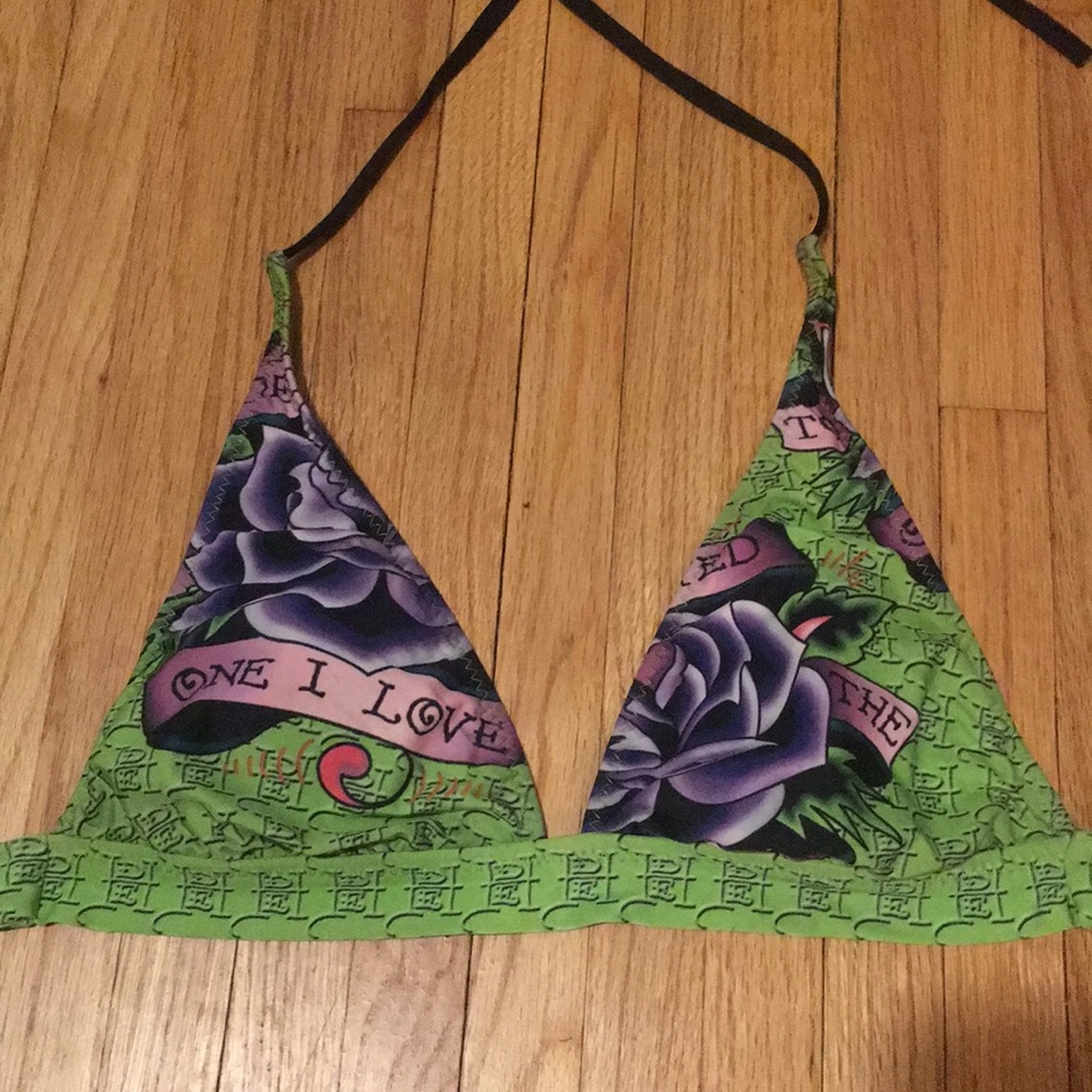 Ed Hardy zombie green swim top